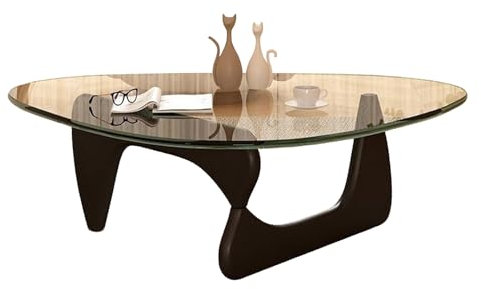 AnYaBinni Dreieckiger Couchtisch aus Glas, Moderner Stil Couchtisch mit Sockel aus Massivholz, Wohnzimmer-Mitteltisch aus Glas für Wohnzimmer, Balkon, Büro, Arbeitszimmer, 83 * 57 * 40 cm