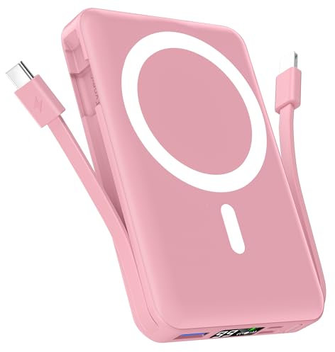 Podoru Batterie Externe Mag-Safe 10000mAh,avec 2 Câble Charge Rapide PD 22.5W Batterie Externe iPhone,Portable Écran LED sans Fil Power Bank pour 16/15/14/13/12/Pro/Max/Plus/Mini Série - Rose