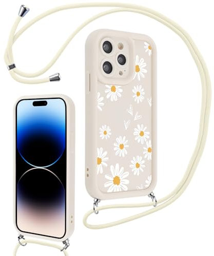 Vxinvnoi Funda Cuerda para iPhone 14 Pro MAX 6,7, Aesthetic Flores Dibujos Mujer Carcasa Colgante Correa Cordón Cadena Collar Case, Suave Silicona TPU Antichoque Cover para iPhone 14 Pro MAX, Beige
