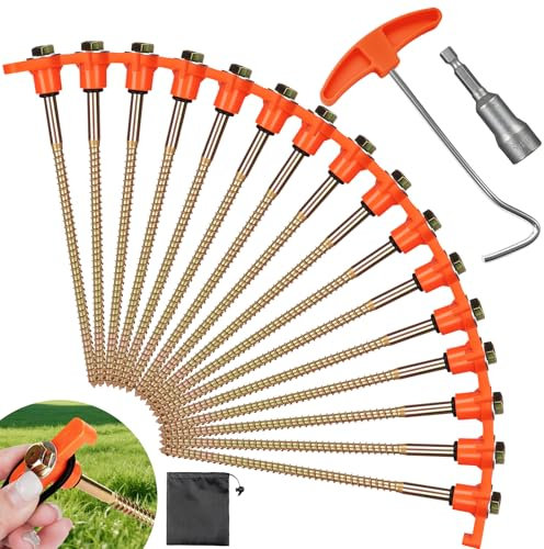 KIMIGO 16 Piquetas Camping Suelo Duro,Piquetas para Tienda con Broca Extractor de Clavos,Estacas para Tiendas de CampañA,Anclaje para El Suelo para Terrenos Duros,Bosques y CéSped,Color Naranja