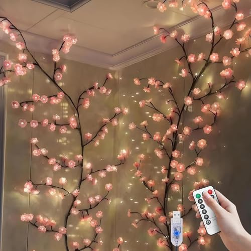 Gresonic 230cm144 LEDs Lichterkette Kirschblüten deko,Willow Vine mit Fernbedienung, 8 Modi, USB-Betriebene Timer, Kirschblüten Zweige Lichter für Schlafzimmer Deko Weinachtsdekorationen