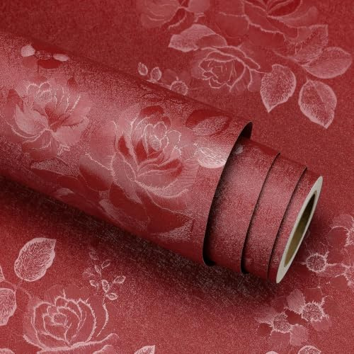 Stickyart 30cmX400cm Red Peel and Stick Wallpaper Waterproof Vintage Embossed Rose Floral Contact Paper Removable Self Adhesive Thick Retro Red Flower Wall Paper for Dresser Bedroom Living Room Wall