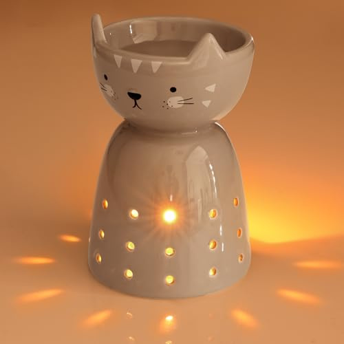 ecooe Aromalampe Teelichthalter Duftlampe aus Keramik weiß mit der Candle Löffel Aroma Diffuser (Grau)
