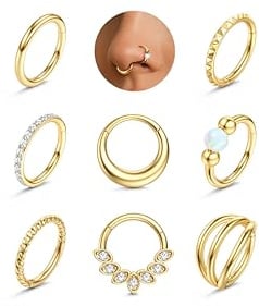 Adramata 8Pcs Nasenpiercing Ring Chirurgenstahl Septum Rings Hypoallergen Nasenring Clicker Lippenpiercing Ring Helix Piercings Conch Tragus Piercing Ohr Gold/Silber