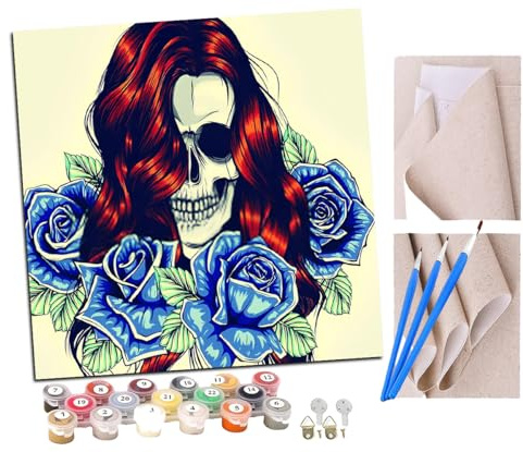 Malen Nach Zahlen Erwachsene Halloween Rose Mädchen Skelett Make-up Paint by Numbers diy GemäLde Kit mit Pinsel und Acrylfarbe Als Geschenk für Wanddeko Groß 40x40cm