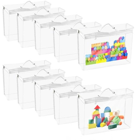 Vurixfo 10 Pcs Toy Storage Bags with Zipper, PVC Toy Organizing Bag Waterproof Storage Bag Large Clear Zip Bags With Handle for Building Blocks Puzzles Toys, 40x30x10cm