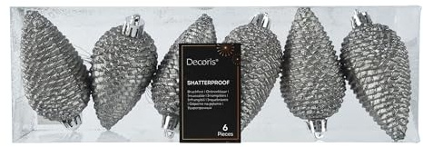 Kaemingk Christbaumschmuck Zapfen 8cm Kunststoff 6 Stück - bruchsicher & mit Glitzer - Christbaumkugeln Weihnachtsbaumkugeln - Weihnachtsbaumschmuck - Zart Grau