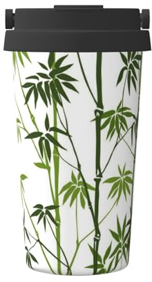 Green Bamboo Print Stainless Steel Insulated Coffee Cup with Full Wrap Print-304/201 Double Wall, Leakproof, Hidden Handle-Travel Mug