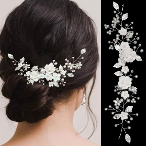XFSRG Hochzeit Haarschmuck Braut Blume Blatt Kopfschmuck Braut Hochzeit Haarnadeln mit Perlen Hochzeits Haarschmuck für Frauen Mädchen und Blumenmädchen