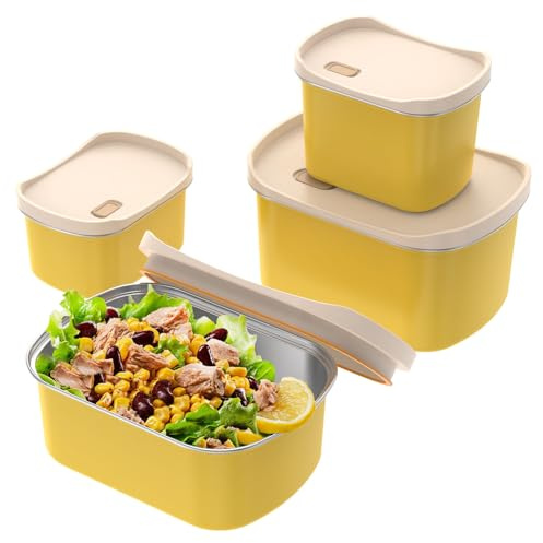 Jokapy 4 Stück Edelstahl Brotdose, Auslaufsichere Lunchboxen, Wiederverwendbare Brotdosen Set 4 Größen(450ml, 550ml,1100ml,1400ml), Bentobox mit PP Deckel für Zuhause, Schule, Büro, Reisen(Gelb)