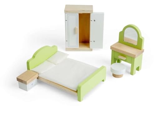Bigjigs Toys Bedroom Set | Wooden Doll House Furniture | Bed Room Sets for Kids Dolls Houses | Play Pretend Dollhouse Accessories | Mini Bed, Wardrobe & Dressing Table | Gifts for 3+