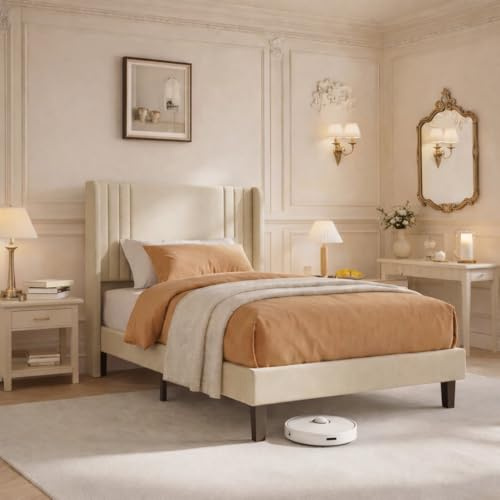 Polsterbett 90x200 cm mit Lattenrost aus Holz, Einzelbett mit Kopfteil, Stoffbett Familienbett mit Stauraum, Gepolstertes Bettgestell, für Schlafzimmer Gästezimmer, Leinen, Beige (Beige, 90x200cm)