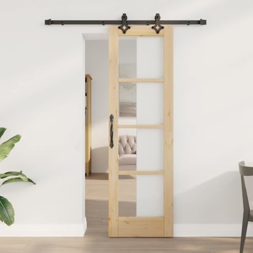 Porte coulissante naturelle en bois massif de pin et verre 61 x 198,5 cm avec rail coulissant et système de glissement silencieux pour intérieur comme salon et couloir, peu encombrante et durable