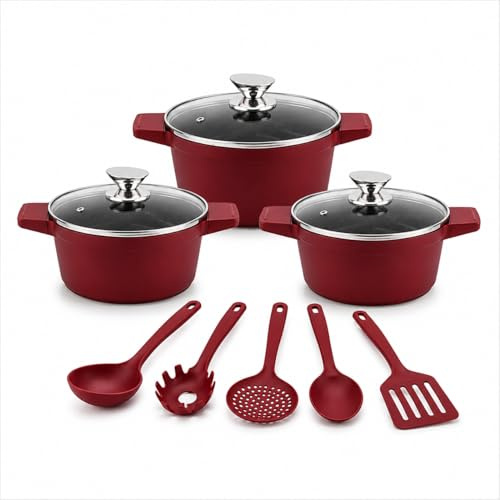 Set Casseruole 11 Pezzi in Alluminio Pressofuso con Rivestimento Effetto Pietra Lavica Antiaderente – 3 Pentole con Coperchi in Vetro (20/24/28 cm) + 5 Utensili da Cucina – Adatte a Induzione (Rosso)
