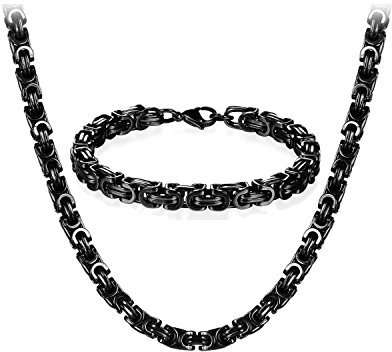 JewelryWe Halskette Armband 2er Set Herren: Schwarz Edelstahl 8mm Breite Königskette Byzantinische Ketten Set von Halsketten und Armketten für Männer Dick Schwer Kette Hip Hop Punk Schmuck 22 Zoll