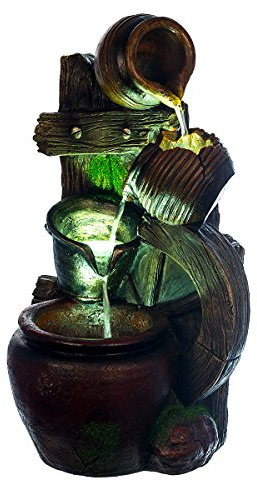 Fontaine Roue de charrette, cruches, avec 3 lampes LED, G53–17100, fontaine (brunnen1), LED lampes, décoration, fontaine, jeux d'eau Bain à oiseau, 59 cm de haut