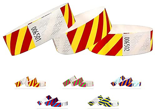 Fasce d'ingresso in Tyvek, a righe, per feste, festival, braccialetti di controllo per il tuo evento (rosso, giallo, confezione da 500)
