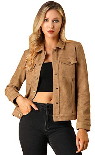 Allegra K Women's Faux Suede Jacket Turn-Down Collar Long Sleeve Shacket
