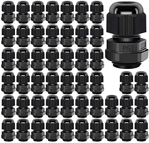 Gebildet 50Pcs Cable Gland, PG7 Plastic IP68 Waterproof Adjustable 3-6.5mm Cable Gland Joint with Gaskets, M12*1.5 Wire Connector, Wire Protector (Black)