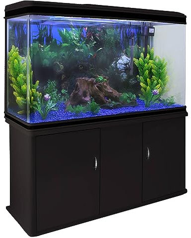 Pecera Acuario 300 litros para Peces de Agua Dulce,Tropicales+Marinos con Mueble Negro,Grava Azul, Calentador 300W Ajustable,Filtro,Bomba Aire,Zona Observación 180º +Luz LED, 2 Años Garantía Eléctrica