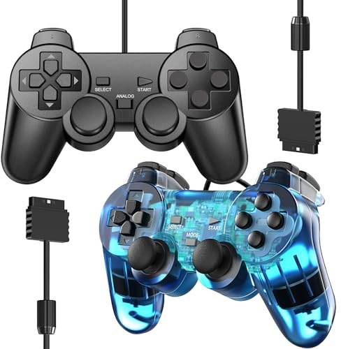 Controlador con cable para PS2 Double Shock, paquete de 2 mandos a distancia Gamepad compatible con Play Station 2 (azul y negro)