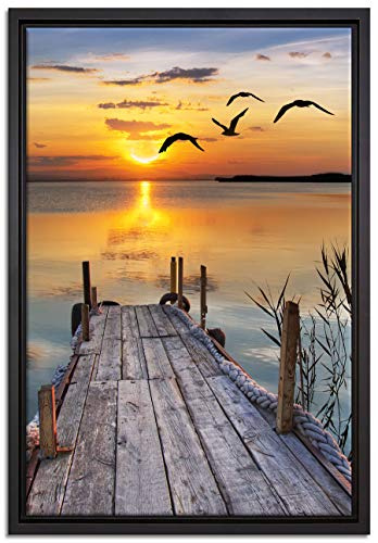 Pixxprint Steg bei Sonnenuntergang Leinwandbild 60x40 cm im Bilderahmen, Wandbild, Schattenfugenrahmen, Kein Poster