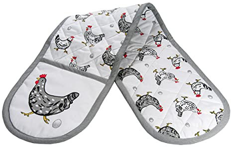 Spotted Dog Gift Company Gant de Four Double au Mignon Poule Imprimé, Résistant à la Chaleur Manique Cuisine avec Boucle Suspendue, 100% Coton, Cadeaux pour Les Amoureux des Poules 18x87cm