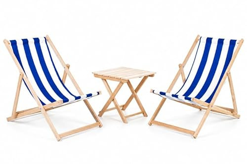 Pattern Set 2X Lounger + Table Traditional Line Liegestuhl Sonnenliege Klappbar, Gartenliege Rückenlehne verstellbar leicht klappbar Garten Balkon Strand Holzklappstühle Naturholz Lounger (STRIPED)