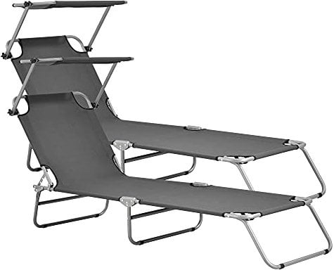 casa.pro Sonnenliege Argozelo 2er Set Gartenliege mit Sonnendach Strandliege Liege Transportliege Verstellbar Zusammenklappbar Stahlgestell Dunkelgrau