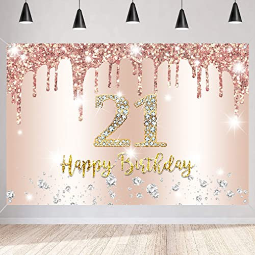 21. Geburtstag Deko für Frauen, 21 Geburtstag Banner Roségold Stoff Schild Plakat, Happy 21 Birthday Hintergrund Banner Frauen Geburtstagsfeier Deko