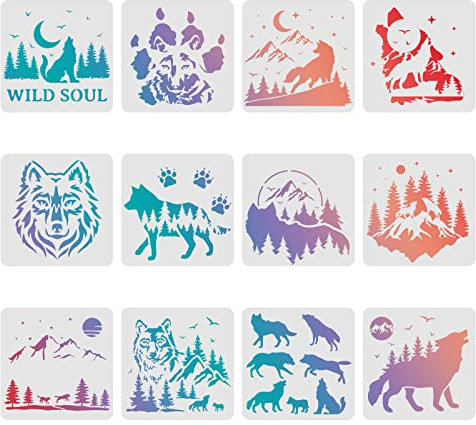 FINGERINSPIRE 12pcs Loup Pochoirs 30x30cm Forêt Loup Peinture Décoration Pochoirs Réutilisable Montagne Loup Pochoir Animal Dessin Pochoir pour Peinture sur Bois, Sol, Mur, Tissu