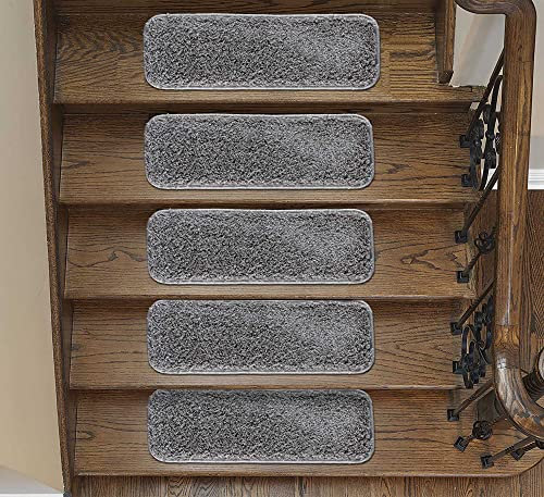 emmahome Soft Shaggy Carpet Stair Treads NON-SLIP MACHINE WASHABLE Mats/Rugs, Indoor 22x67cm, 30mm Thickness and 100% Increased Yarn (Grey, 15)