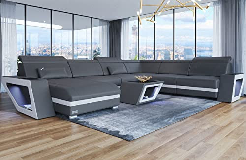 XXL Sofa Wohnlandschaft Catania mit USB und Beleuchtung Ledersofa in U Form Couch mit Kopfstützen (Ottomane Links, Grau-Weiß)