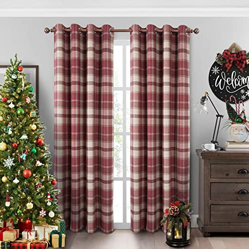 always4u 100% Blackout Curtains Check Eyelet Curtain Bedroom Plaid Woven Brushed Cheque Pair of Highland Woolen Look Window Treatment for Living Room Red 46 * 72 Inches