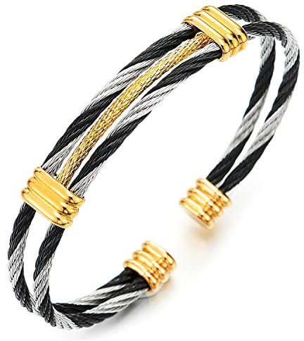 COOLSTEELANDBEYOND Edelstahl Elastische Herren Damen Armband Verstellbare Stahlkabel Armreif Silber Gold Schwarz