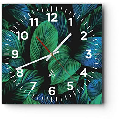 Modern Wanduhr Blätter Pflanzen Exotik 30x30cm Quadrat Klein Wand Uhr Glas Analog Zimmeruhren Küche Büro Wohnzimmer Glasuhr Wall Clock Dekoration Design Wanddekoration Küchenuhr C4AC30x30-5066