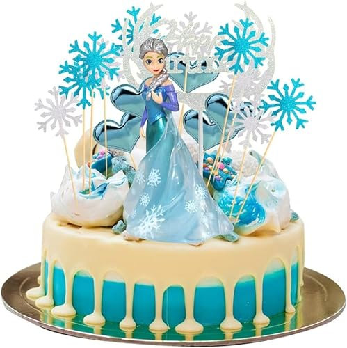 Cake Topper Set, 27 Stück Kuchen Dekoration Schloss Schneeflocken Tortendeko Blau Weiß Tortendeko Prinzessin Kuchen Topper Glitter Happy Birthday Tortenaufsatz für Geburtstag Kinder