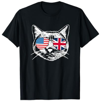 Half American British America Great Britain Flag Funny Cat T-Shirt