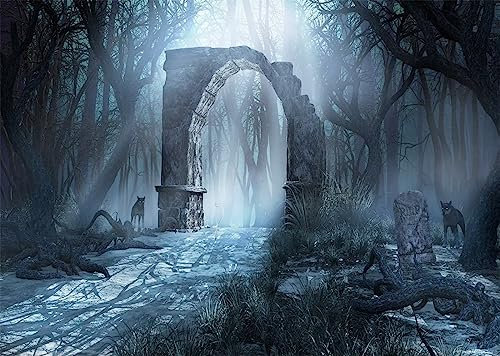 CORFOTO Stoff 9x6ft Düstere Landschaft Hintergrund antike Ruinen Wald Wölfe Halloween Fotografie Hintergrund verwelkte Bäume gruselige Kulisse für Partydekorationen Banner Studio Requisiten