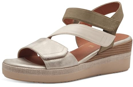 Jana Damen Sandalen mit Keilabsatz mit Klettverschluss Vegan, Mehrfarbig (Beige/Sage), 37 EU