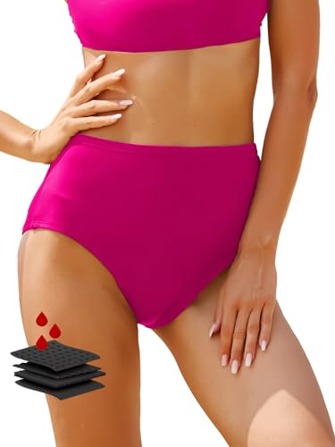 feitycom Period Swimwear-Menstrual Swimsuit Bikini Bottoms-High Waisted Leakproof Swim Bottoms for Teens Girls and Women (UK, Alpha, 3XL, Regular, Regular, Rose Madder)