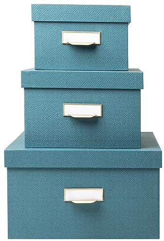 Exacompta 79603E 3er Pack Aufbewahrungsbox aus stabilem Recycling-Karton mit Textileffekt. Je 1x DIN A6+, A5+, A4+. Ordnungsbox mit Deckel Geschenkbox Transportbox Schachtel Allzweckbox Entenblau