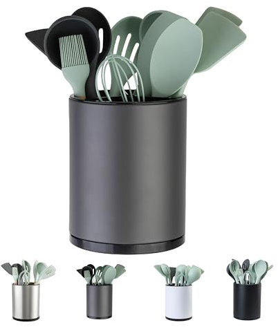 LIBODOUR Kitchen Utensil Holder Extra Large 360°Rotating For Counter Organizer Stainless Steel Storage Cooking Silverware Caddy 3 Compartment Flatware Spoon Spatula Tool Cutlery Container(Grey)