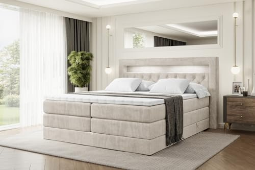 ALTDECOR Boxbett mit H3 H4 Matratze Noel Gold King - 200x200 - Beige | Lattenrost, Topper, Boxspringbett mit Bettkasten, Bett mit Stauraum, Doppelbett, Polsterbett