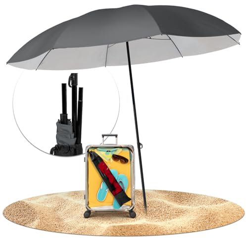 STYNGARD Reise Sonnenschirm mit UV Schutz 50+ [155 cm ⌀] - Strandschirm Sonnenschirm Strand mit Abspannleinen Modell NIZZA (grau)