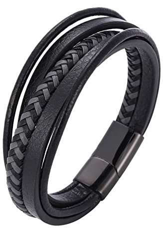 Wycian Armband Edelstahl Schwarz, Grancey Armband 5-Lagiges Lederarmband 20.5CM Rostfreier Stahl für Männer Frauen