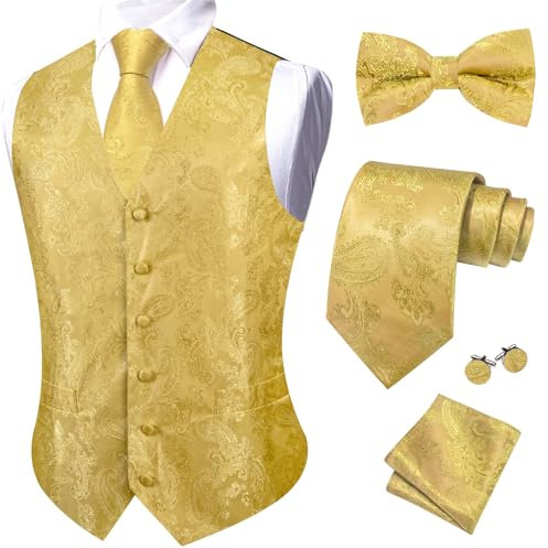 YOHOWA Herren 6-teiliges Westen-Set mit Krawatte Einstecktuch Manschettenknöpfe und Pin Paisley Blume V-Ausschnitt aus Seide Perfekt für formelle oder legere Anlässe, Goldfarben/glänzend, XXL