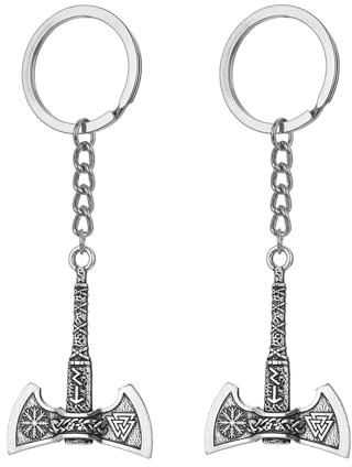 2 Llaveros de Hacha Vikinga Para Hombre - Runas Vintage, Hacha Martillo, Creativos - Regalos Para Jugadores y Amantes Medievales - Marrón, 4.6*2.6cm