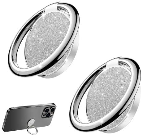 2 Pièces Anneau Support Téléphone Portable, Bague pour Téléphone, Support Réglable à 360° et Pliable à 180°, Adhésif Fort, Compatible avec Smartphones de 4 à 8 Pouces, Argent Brillant