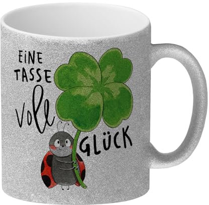 Marienkäfer Glitzer-Kaffeebecher mit Spruch Eine Tasse voll Glück Marienkäfer-Tasse als Glücksbringer Klee Pilz Design Frühlingsgrüße für Gesundheit